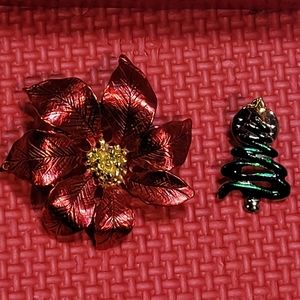 Vintage Christmas brooches red flower green tree